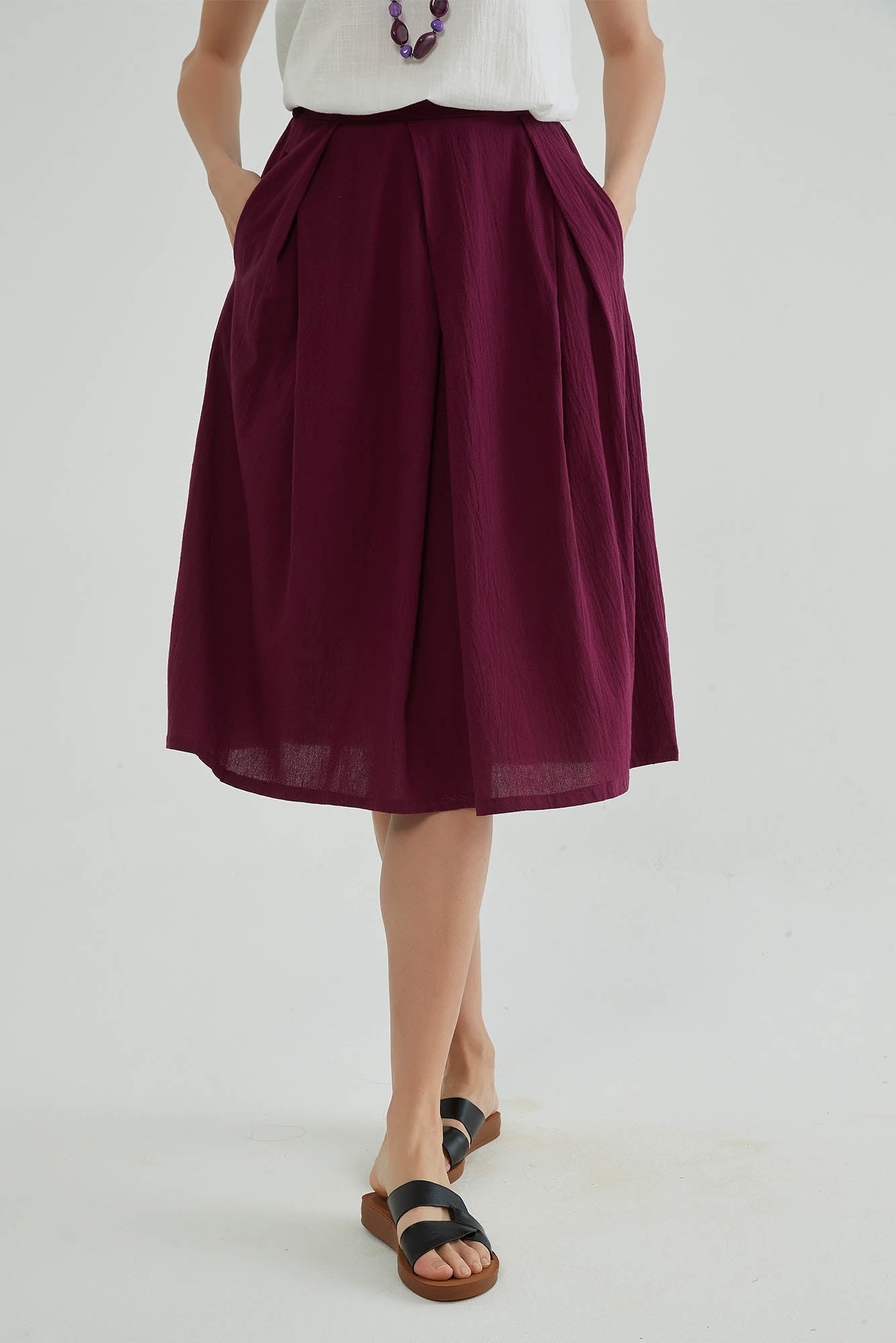 Wine Berry A Line Cotton Linen Skirt - Whisper Mint